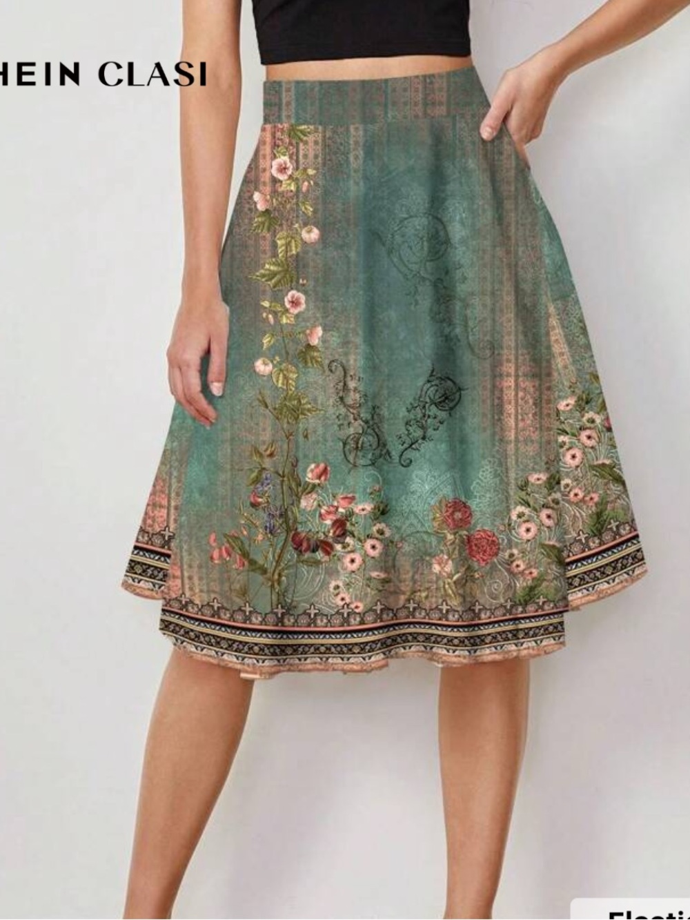 Teal Floral Border Midi Skirt